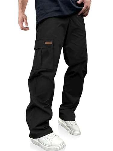 PLEPAN Mens Pants Casual Cargo Sweatpants Drawstring Hiking Tactical Joggers Work Pants for Men with Pockets Black Large