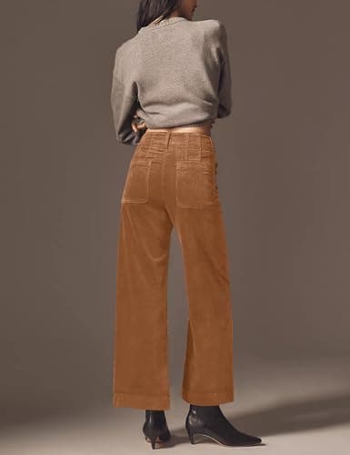 ACCPUR Women Corduroy Wide Leg Pants 2025 Fall Fashion Casual Button Down High Elastic Waist Trousers with Scalloped Pockets view 4