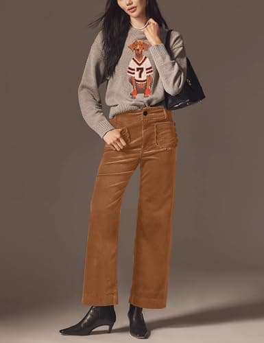 ACCPUR Women Corduroy Wide Leg Pants 2025 Fall Fashion Casual Button Down High Elastic Waist Trousers with Scalloped Pockets view 2