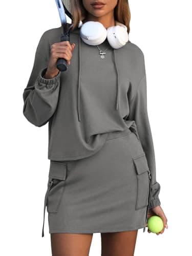 EXLURA Women Two Piece Set Cotton Sweatsuit Travel Airport Outfits 2026 Tracksuit Hooded Sweatshirt Cargo Skort Skirt Pockets view 1