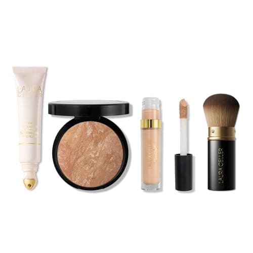 LAURA GELLER Line Smoother Full Face Kit | Fine Line Smoothing Primer, Baked Balance-n-Brighten Foundation, Ideal Fix Concealer & Retractable Kabuki Brush for Mature Skin - Light