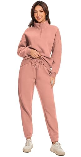 Jeqeocafy Women Oversized Long Sleeve Sweatsuit Half Zip Sweatshirt & High Waisted Pants 2 Piece Outfits With Pockets view 3