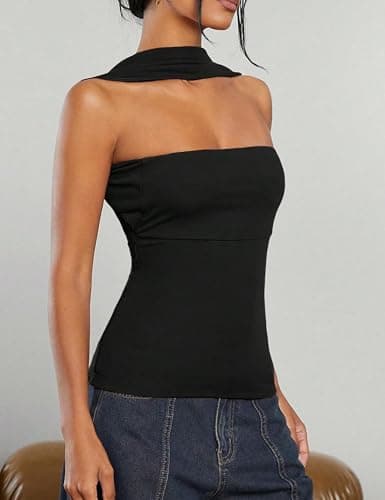 ACCPUR Ruched Strapless Halter Tube Top for Women Sexy Open Back Slim Fit Bandeau Shirt Sleeveless Off Shoulder Tank Clubwear view 5
