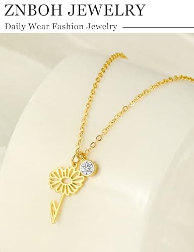 ZNBOH Birthstone Flower Necklace for Women 14k Gold Plated Dainty Necklace Trendy Pendant Necklace Simple Cute Choker Necklace Non Tarnish Emerald Blue Green Birthday Gifts for Women Jewelry view 5