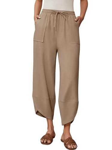 grewley Womens Barrel Harem Linen Pants Wide Leg Pants Baggy Palazzo Drawstring Elastic Waist with Pockets Beach — image 1