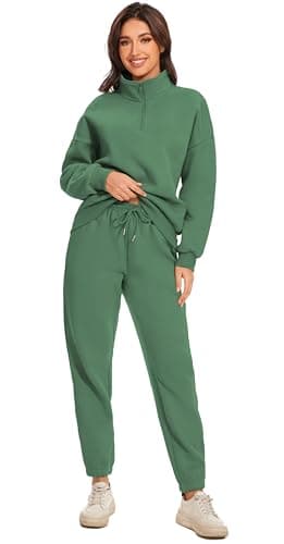 Jeqeocafy Women Oversized Long Sleeve Sweatsuit Half Zip Sweatshirt & High Waisted Pants 2 Piece Outfits With Pockets view 3