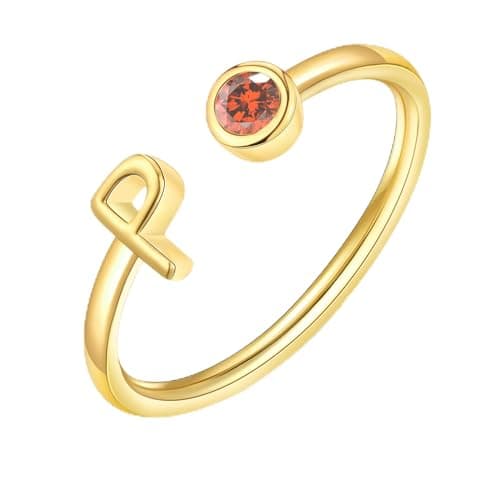 ZNBOH Gold Birthstone Initial Rings for Women Non Tarnish Dainty 14K Gold Plated Adjustable Letter Ring for Women Stackable Cute Thumb Pinky Fashion Unique Open Simple Birthday Gifts Jewelry — image 1