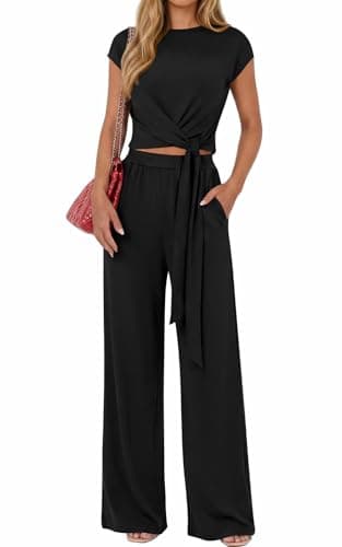 PRETTYGARDEN 2 Piece Lounge Sets For Women 2026 Summer Casual Outfits Cap Sleeve Belted Crop Tops Wide Palazzo Leg Pants view 1