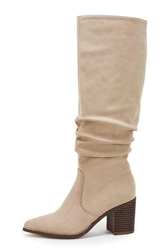 Huiyuzhi Womens Pointed Toe Mid Chunky Heel Side Zipper Knee High Boots Tall Booties view 4