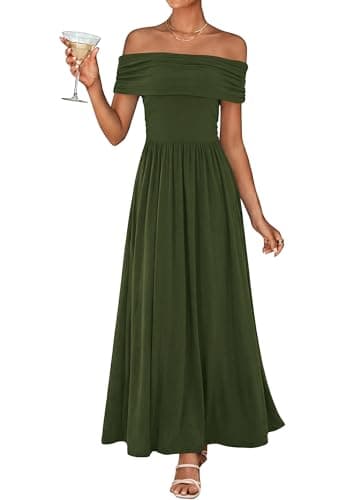 KIRUNDO Cocktail Dresses for Women 2026 Summer Off The Shoulder Ruched Pleated Long Flowy Formal Party Maxi Dresses Pockets — image 1