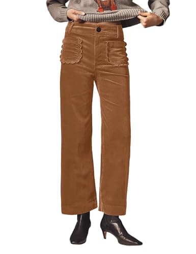 ACCPUR Women Corduroy Wide Leg Pants 2025 Fall Fashion Casual Button Down High Elastic Waist Trousers with Scalloped Pockets — image 1