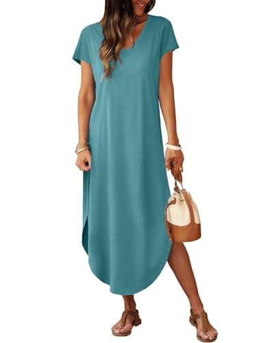 RUMIA Summer Casual Maxi Dresses for Women- Women's V Neck Cap Sleeve Long Sundress with Pockets Beach Vacation view 2