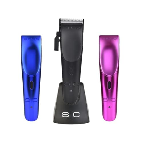StyleCraft Ergo Professional Microchipped Magnetic Clipper with 5 Guards, Charging Stand, and 3 Customizable Colored Lids (Black, Pink, Blue)