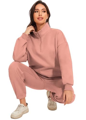 Jeqeocafy Women Oversized Long Sleeve Sweatsuit Half Zip Sweatshirt & High Waisted Pants 2 Piece Outfits With Pockets view 5