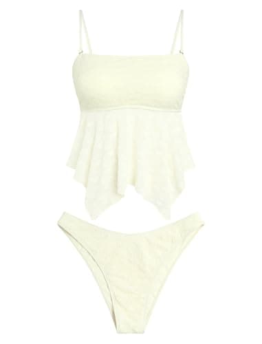 ZAFUL Tankini Swimsuits for Women Flowy Swimwear Mesh Lace Jacquard Two Piece Bathing Suit High Cut Tanga Tankini Set — image 1