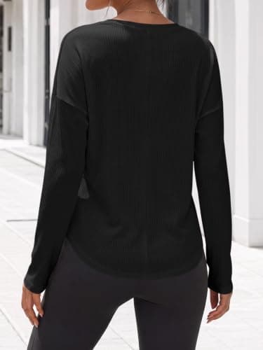 Fisoew Womens Long Sleeve Henley Shirts Ribbed Knit Button Tunic Tee Tops view 4