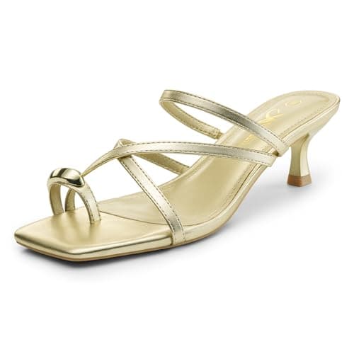 Athlefit Gold Kitten Heels for Women Strappy Flip Flop Low Heels Square Open Toe Slip On Fashion Dress Short Heeled Sandals for Wedding Prom Size 7.5