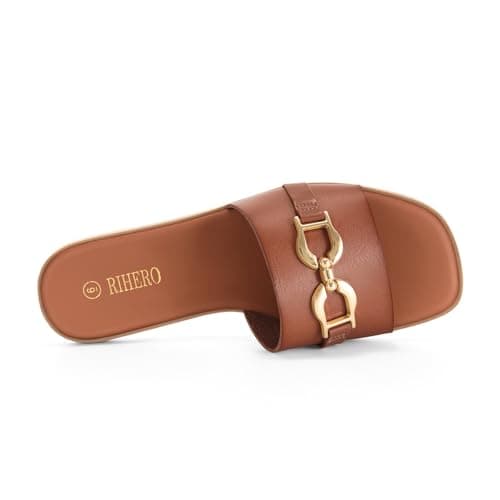 Rihero Women's Flat Sandals Summer Comfortable Square Open Toe Slip On Leather Slide Sandals view 4