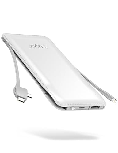 TG90° 10000mAh Power Bank Built-in Cables, Pocket Size USB C Portable Charger, 3A Fast Charging External Battery Pack, Travel Essential Phone Powerbank Compatible with iPhone Samsung iPad White