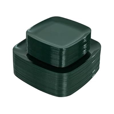 PULOTE 100PCS Green Plastic Plates - Green Square Disposable With Gold Rim - Include 50 Dinner 10inch, 50 Dessert 7.25inch Plates for Party&Christmas