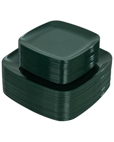 PULOTE 100PCS Green Plastic Plates - Green Square Disposable With Gold Rim - Include 50 Dinner 10inch, 50 Dessert 7.25inch Plates for Party&Christmas — image 1