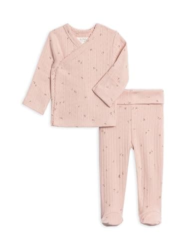 Colored Organics KENDI Newborn Kimono Wrap Top and Footed Pant Set - Organic Cotton Infant Layette Clothing Set - Haran Floral Brushed Pointelle - 0-3M