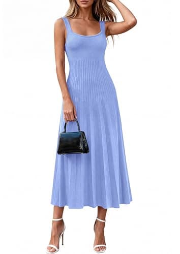 PRETTYGARDEN Spring Dresses for Women 2026 Summer Casual Sleeveless Square Neck A Line Knit Pleated Midi Cocktail Party Dress view 6