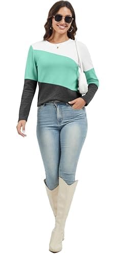 Jeqeocafy Women's Color Block Tunics Tops Crewneck Long Sleeve Shirts Casual Pullover Loose Fit T-Shirt view 2
