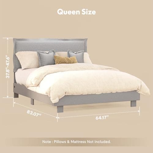 FLEXISPOT Queen Flange Edge Upholstered Platform Bed Frame & Adjustable Headboard–900 lbs,USB&Type-C Charging Ports,SGS Certified–Soft Padded Frame for Any Bedroom Style, Light Grey. view 2