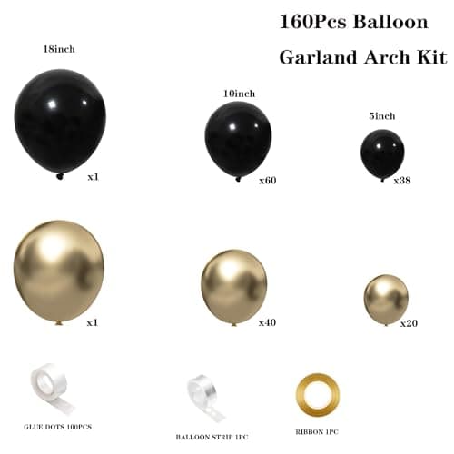 Black and Gold Balloon Garland Arch Kit, 160PCS Black Gold Latex Balloons for New Year Wedding Anniversary Birthday Party Decorations view 2