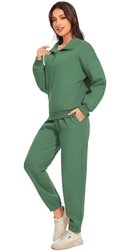 Jeqeocafy Women Oversized Long Sleeve Sweatsuit Half Zip Sweatshirt & High Waisted Pants 2 Piece Outfits With Pockets view 4