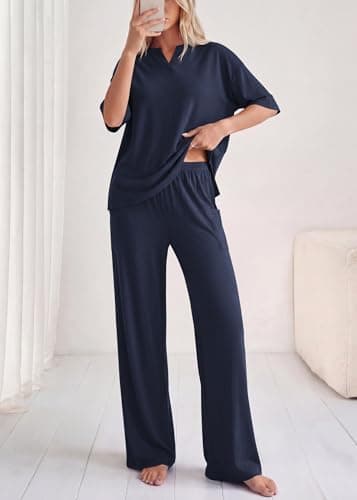 KIRUNDO Womens 2 Piece Matching Lounge Set Airport Travel Vacation Summer Outfits Oversized Short Sleeve Tops Wide Leg Pants view 5