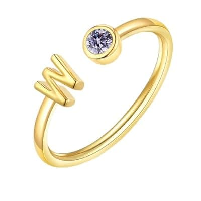 ZNBOH Gold Birthstone Initial Rings for Women Non Tarnish Dainty 14K Gold Plated Adjustable Letter Ring for Women Stackable Cute Thumb Pinky Fashion Unique Open Simple Birthday Gifts Jewelry