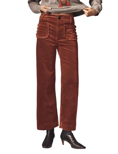 ACCPUR Women Corduroy Wide Leg Pants 2025 Fall Fashion Casual Button Down High Elastic Waist Trousers with Scalloped Pockets — image 1