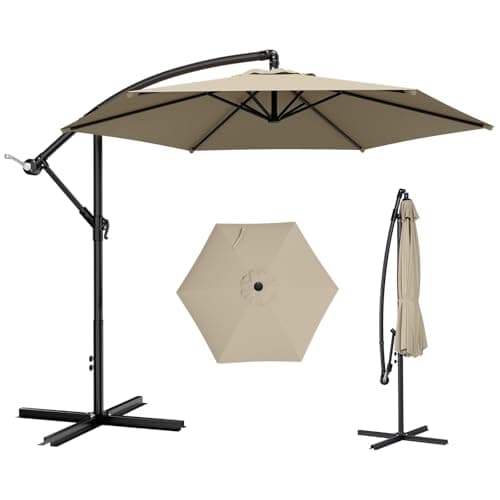 AreShark 10FT Patio Outdoor Umbrella, Offset Patio Umbrella Cantilever Umbrella, 6 Sturdy Ribs, Easy Adjustment for Garden Market Pool with Cross Base (Beige)