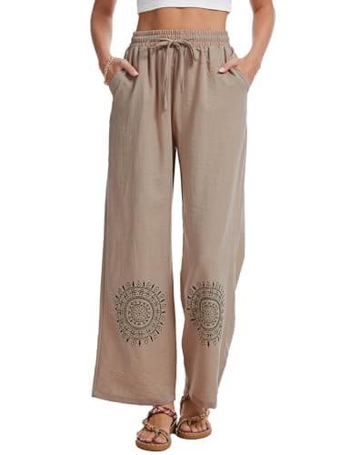 Demoking Cotton Linen Pants Women Straight Leg Casual Loose Drawstring Hippie Beach Vacation Clothes view 2