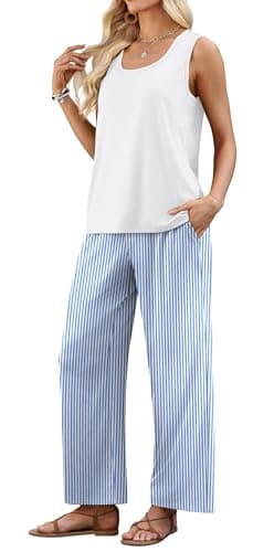 WIHOLL Two Piece Sets for Women Summer Spring Outfits Tank Square Neck Sleeveless Travel Vacation Lounge Wide Leg Pants Set view 4