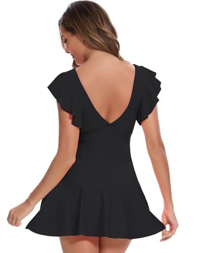 MFAVIP Women One Piece Swim Dress Tummy Control Swimsuits V Neck Ruffle Bathing Suit Cutout Sexy Wrap Side Tie with Skirt view 6