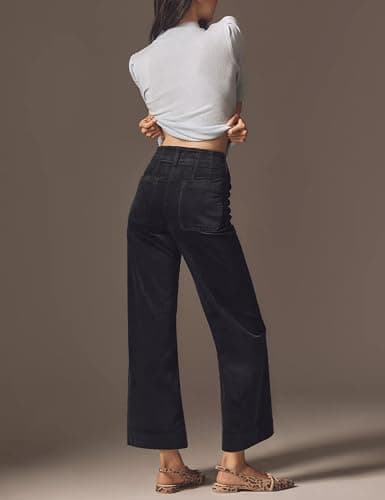 ACCPUR Women Corduroy Wide Leg Pants 2025 Fall Fashion Casual Button Down High Elastic Waist Trousers with Scalloped Pockets view 4