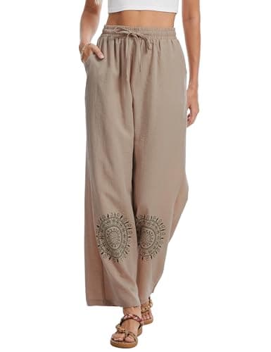 Demoking Cotton Linen Pants Women Straight Leg Casual Loose Drawstring Hippie Beach Vacation Clothes — image 1