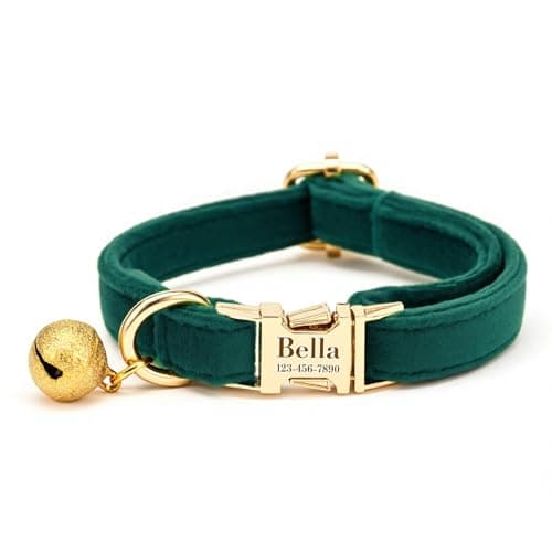 Custom Cat Collar with Bells Personalized Small Cat Collar Engraved Name & Phone Number with Secure Metal Quick-Release Buckle Adjustable (Christmas Green)