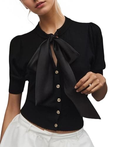 MSBESYOR Bow Tie Front Cardigan Sweater Short Puff Sleeve Button Down Trendy Summer Knit Thin Cropped Shirt Tops — image 1