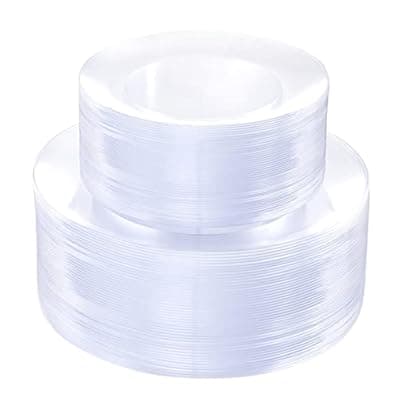 PULOTE 100Pieces Clear Plastic Plates - Premium Heavyweight Plastic Clear Disposable for Wedding&Party Include 50 Dinner & 50 Dessert/Salad Plates