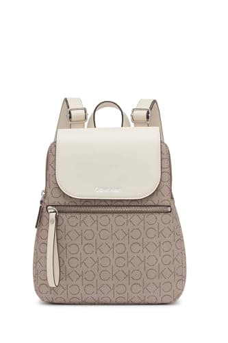 Calvin Klein Reyna Signature Key Item Flap Backpack, Almond/Taupe/White, One Size