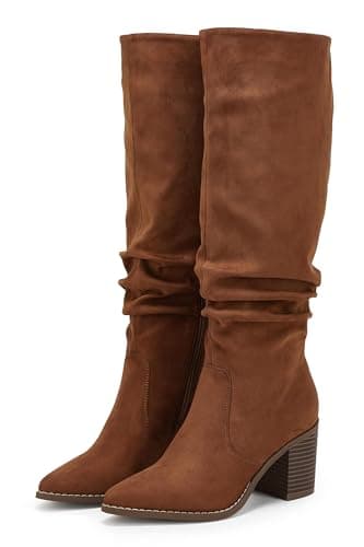 Huiyuzhi Womens Pointed Toe Mid Chunky Heel Side Zipper Knee High Boots Tall Booties view 5