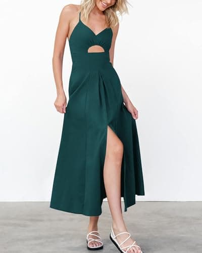 BTFBM Women 2026 Spaghetti Strap Midi Summer Dresses Sleeveless V Neck Cutout Slit Casual Beach Party Maxi Dress Pockets view 4