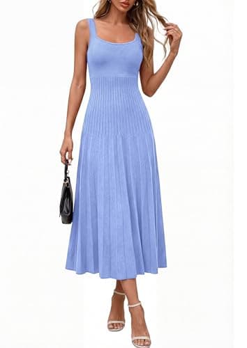 PRETTYGARDEN Spring Dresses for Women 2026 Summer Casual Sleeveless Square Neck A Line Knit Pleated Midi Cocktail Party Dress view 4