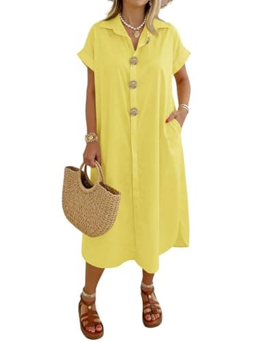 Wenrine Womens Summer Shirt Dress Casual Short Sleeve Button Maxi Dresses Beach Cover Up with Pockets — image 1