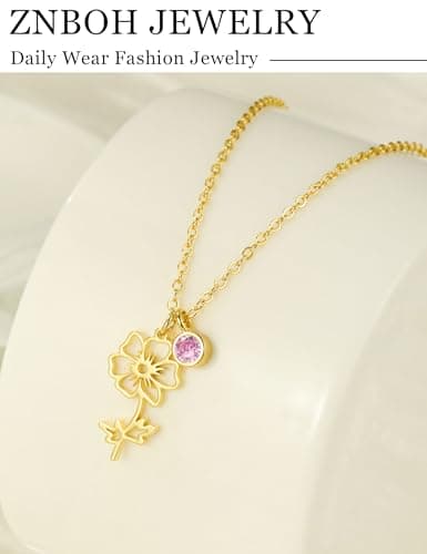 ZNBOH Birthstone Flower Necklace for Women 14k Gold Plated Dainty Necklace Trendy Pendant Necklace Simple Cute Choker Necklace Non Tarnish Emerald Blue Green Birthday Gifts for Women Jewelry view 5