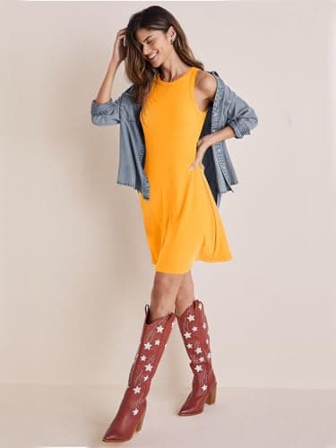 Wenrine Womens Summer Casual Tank Dress Ribbed Knit Sleeveless Crewneck A Line Mini Dresses view 3